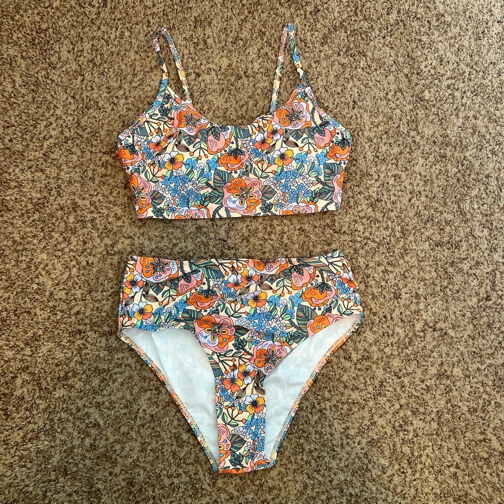 Floral Bikini Set with Orange and Blue Accents